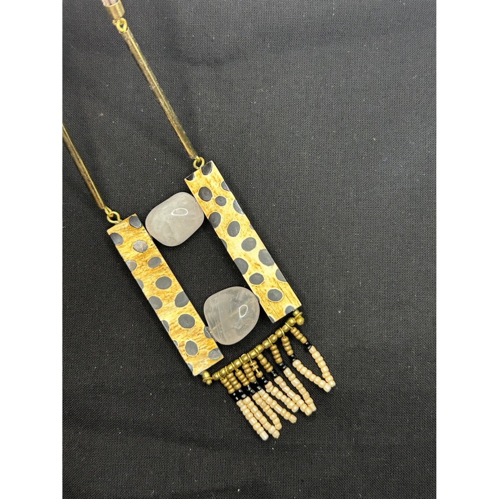 BLMK Boho Pendant Necklace Brass Polka Dot Modern Art Statement Rose Quartz Bead